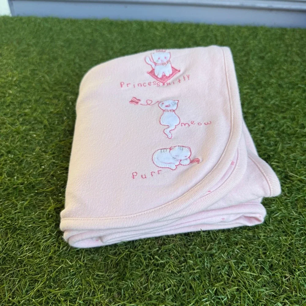 Vintage Gymboree 2002 Pink Princess Kitty Embroidered Cotton Baby Blanket 38x28